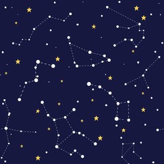 Space seamless pattern with comets constellations and stars vector illustration. Astronomical zodiac signs cartoon design. Night sky endless texture concept