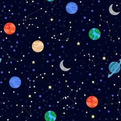 Obraz na płótnie Canvas Space elements stars and planets seamless pattern vector illustration. Night sky with zodiac signs, galaxy constellations cartoon design endless texture. Astronomy concept