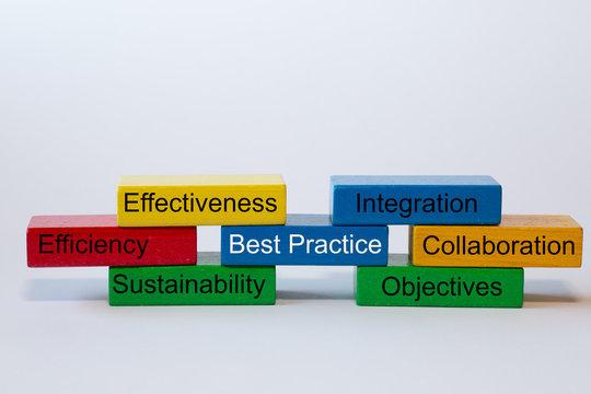 colorful blocks with the words: Best Practice; Effectiveness; Efficieny; Sustainability; Integration; Collaboration; Objectives, isolated against a white background with space for text