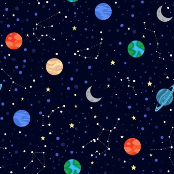 Space elements stars and planets seamless pattern vector illustration. Night sky with zodiac signs, galaxy constellations cartoon design endless texture. Astronomy concept