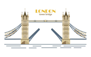 Tower Bridge, vector illustration, flat style. London landmark card. - obrazy, fototapety, plakaty