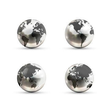 Set of realistic metallic Earth globes icons from different sides on white background