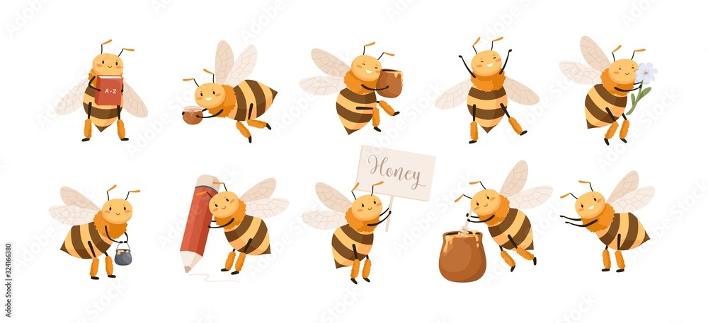 Wall mural set of smiling cute cartoon bee character isolated on white background. collection of funny insect h