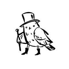The bird walks in a hat and boots with a cane. Hand-drawn in line art style. Monochrome vector illustration. Isolated on white.
