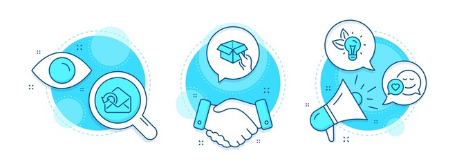 Eco energy, Hold box and Dating line icons set. Handshake deal, research and promotion complex icons. Send mail sign. Lightbulb, Delivery parcel, Love messenger. Sent message. Technology set. Vector
