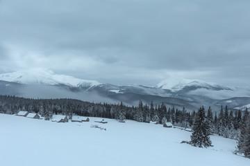 Wonderful morning in the mountainous valleys with houses in the Ukrainian Carpathians.	