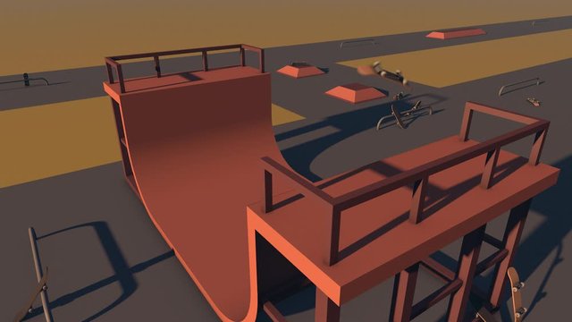 3d animation skate park. Skateboard performs aerial tricks on the ramp. Lonely skate park, 3d model.