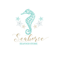 Seahorse vector logo for seafood store and fish market shop. Marine seahorse and starfish of premium quality stars with golden calligraphy in thin line drawing art design and pencil hatching style © ilonitta