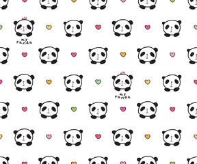 Cool seamless pattern with cute pandas and hearts for gift wrap, kids textile or book covers, wallpapers and scrapbook. Background for Valentine's Day, birthday, Mother's Day. Vector