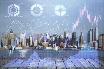 Forex graph on city view with skyscrapers background multi exposure. Financial analysis concept.