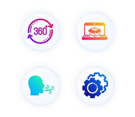 Full rotation, Breathing exercise and Online delivery icons simple set. Button with halftone dots. Settings gears sign. 360 degree, Breath, Parcel tracking website. Technology process. Vector