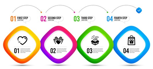Gift, Hold heart and Heart icons simple set. Timeline infographic. Holidays shopping sign. New year, Care love, Love. Gifts bag. Holidays set. Steps banner with gift icon. Vector