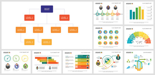 Colorful analytics template set for workflow design, HR report, presentation slide, web design. Business and HR productivity concept with organizational diagram, time, bar, process, and step charts. - obrazy, fototapety, plakaty