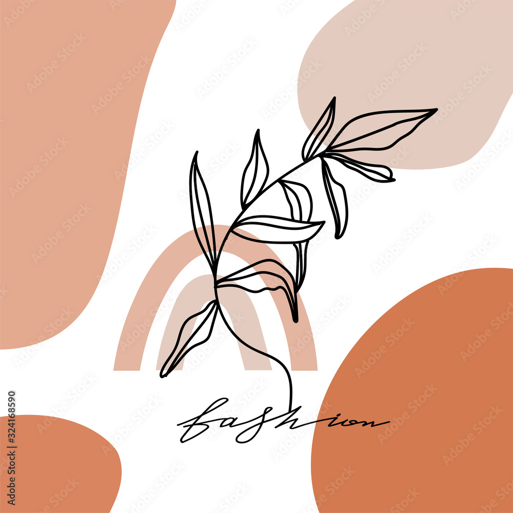 Sticker Contemporary design collage with leaf, geometric abstract shapes and fashion lettering. Terracotta aesthetic floral card. Design print for textile, poster, card, cover, t-shirt etc. Vector.