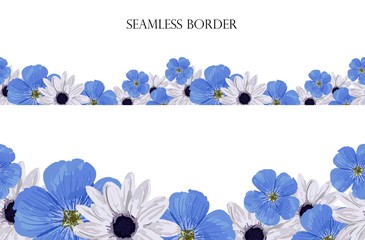 Seamless floral border with blue flowers. Fashionable pattern on a white background. Design element for cards, invitations, weddings, greetings. Ornament for fabric design.