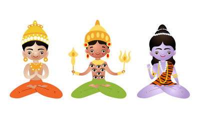 Different sitting hindu in lotus pose deities vector illustration
