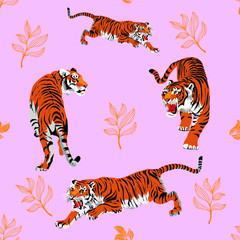 Fototapeta na wymiar Vector seamless pattern of several beautiful tigers on a pink background.