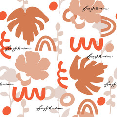 Contemporary collage pastel seamless pattern. Terracotta abstract shapes, tropical leaves and lettering. Texture for textile, packaging, wrapping paper, social media post etc. Vector illustration.