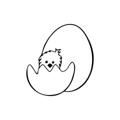 A black and white linear doodle of a chicken sitting in an egg shell. Hand-drawn holiday illustration for the design of postcards, banners, children's rooms. Easter picture.