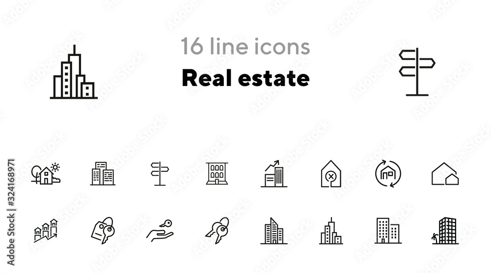 Sticker real estate line icon set. apartment building, city, key on hand. real estate concept. can be used f