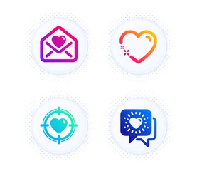 Heart, Love letter and Valentine target icons simple set. Button with halftone dots. Friends chat sign. Love, Heart, Friendship. Love set. Gradient flat heart icon. Vector