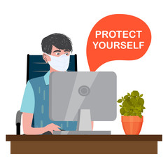 Man with medical face protective mask in the workplace. Concept of corona virus quarantine