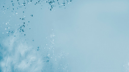 feathers on festive blue background with glitters