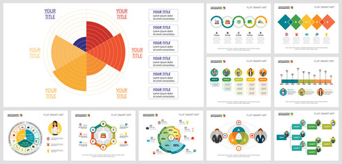 Bright analytic charts design set for report document layout, annual analytics, slide, site design. Business and statistics concept with radial diagram, bar, percentage, process, and flow charts.