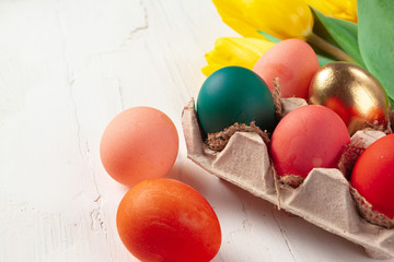 Painted Easter eggs in an eggbox with fresh tulips close up