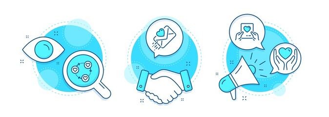 Hold heart, Love mail and Love letter line icons set. Handshake deal, research and promotion complex icons. Friends community sign. Friendship, Valentine letter, Heart. Love set. Vector