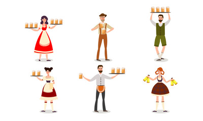 Waiters in bright costumes serving beer drinks vector illustration