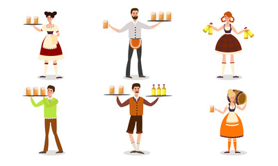 Waiters in bright traditional costumes serving beer drinks vector illustration