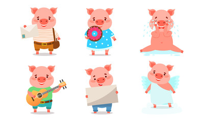 Set of pigs expressing positive and negative emotions vector illustration