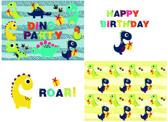colored dinosaurs, set with birthday greetings cards, vector illustration with dinosaurs