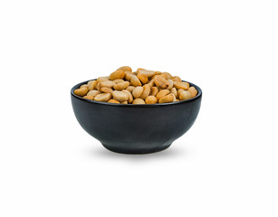 peanut seeds in a ceramic bowl and white background