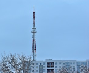 "Chelyabinsk, Ural / Russia-02. 18. 2020: Evening Chelyabinsk, revolution square, broadcasting tower and water tower on Vorovsky street»