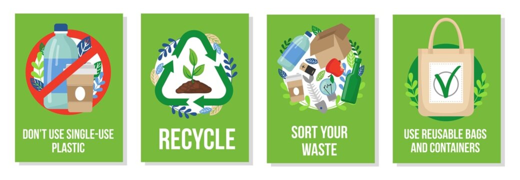 Responsible consumption posters collection vector illustration. Dont use single-use plastic recycle sort your waste and reusable bags and containers flat style. Eco concept