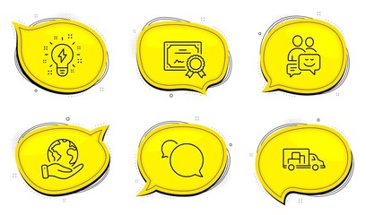 Inspiration sign. Diploma certificate, save planet chat bubbles. Communication, Truck transport and Messenger line icons set. Business messages, Delivery, Speech bubble. Creativity. Vector