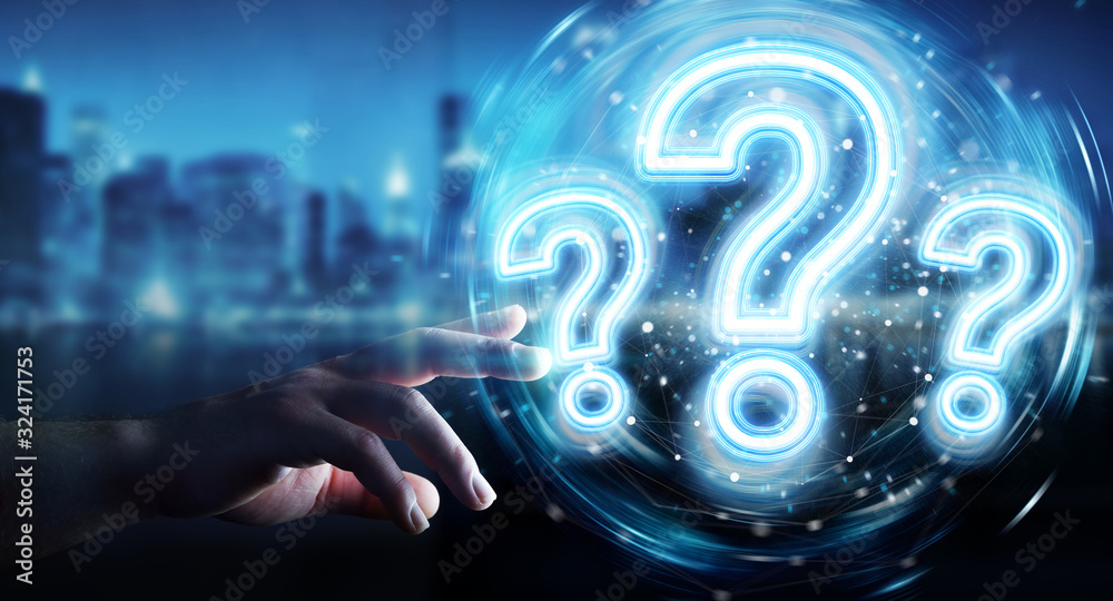Fototapete Man hand using digital question marks holographic interface 3D rendering