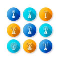 5G cell towers and antennas flat design long shadow glyph icons set. Wireless technology. Fast connection. Mobile network coverage. Telecommunication. Silhouette RGB color illustration