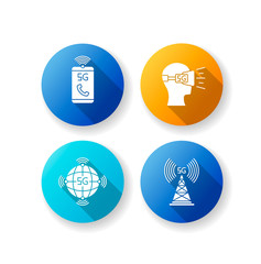5G wireless technology flat design long shadow glyph icons set. VR headset. Cell tower. Improved phone calls. World standard. Mobile cellular network. Silhouette RGB color illustration
