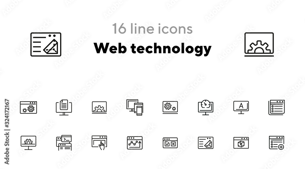 Poster web technology line icon set. information, browser, connection. programming concept. can be used for