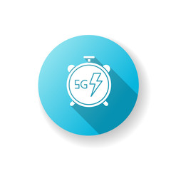 5G stopwatch blue flat design long shadow glyph icon. High performance. Low latency connection. Cellular network. Quick data transmission. Wireless technology. Silhouette RGB color illustration