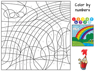 Rainbow. Color by numbers. Coloring book. Educational puzzle game for children. Cartoon vector illustration