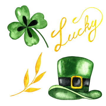 Hand painted watercolor elements for Saint Patricks Day. Golden leaves, four-leaf clover , green leprechaun hat