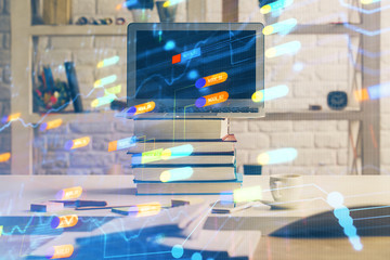 Multi exposure of desktop computer and technology theme hologram. Concept of software development.