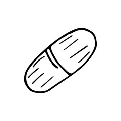 Hand drawn capsule with the drug isolated on a white background. Medical elements, icons. Doodle, simple outline illustration. It can be used for decoration of textile, paper and other surfaces.