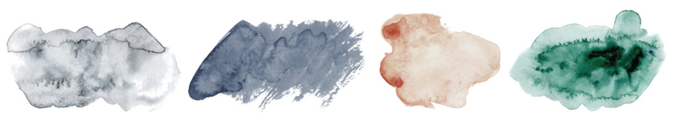 Abstract watercolor green, pink and grey shapes on white background. Color splashing hand drawn vector