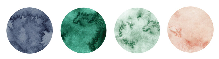 Abstract watercolor green, pink and grey circle shapes on white background. Color splashing hand drawn vector