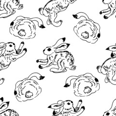 Cute bunnies. Line sketch. Seamless pattern. Vector illustration.